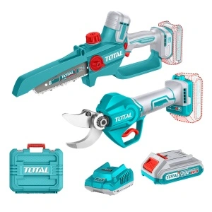 TOTAL Kit scule gradina 20V Foarfecă de crengi și mini drujbă cu 2 acumulatori și încărcător