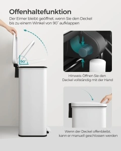 Coș de gunoi 40L cu pedală și închidere lentă Songmics LTB540W4002– culoare alb , saci incluși, elegant & silențios