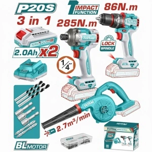 Kit Combo TOTAL 20V Brushless, Mașină de Găurit, Mașină de Înșurubat, Suflantă, 2 Baterii