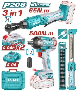 Kit Total 20 volti TOSLI250981E mașină de înșurubat cu impact, clichet acumulator și lampă de lucru, set mecanic auto