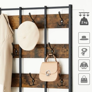 VASAGLE HSR087B01 – Cuier cu polițe și bancă pentru hol, 8 cârlige industrial rustic