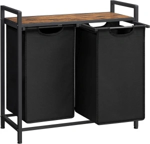 Coș de Rufe VASAGLE BLH201B01V1 cu 2 Compartimente și Raft Superior, Organizator Rufe 92L, Rustic Maro / Negru