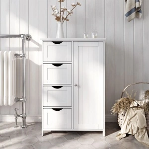 Dulap Baie VASAGLE LHC41W cu 4 Sertare și Ușă, Alb, Mobilier Depozitare Baie, 55 x 30 x 81 cm