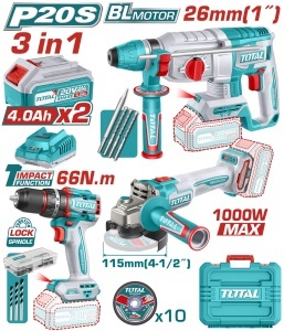 Kit combo scule Total 20 Volti 4 Ah – maşină de găurit cu mandrina fier, polizor unghiular & ciocan rotopercutor pe acumulator - Img 1