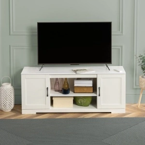 Comodă TV Zinus Bennett, stil rustic / farmhouse, uși cu închidere soft-close, pentru TV până la 65 inch, alb