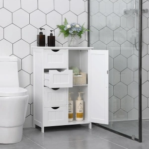 Dulap Baie VASAGLE LHC41W cu 4 Sertare și Ușă, Alb, Mobilier Depozitare Baie, 55 x 30 x 81 cm