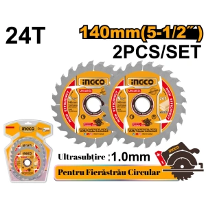Set 2 Discuri Circular Widia Ultra Subțiri pentru Lemn 1.0mm INGCO 140mm