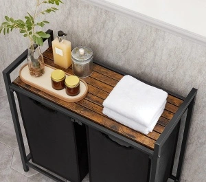 Coș de Rufe VASAGLE BLH201B01V1 cu 2 Compartimente și Raft Superior, Organizator Rufe 92L, Rustic Maro / Negru