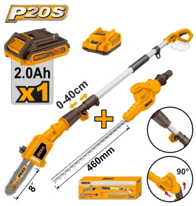 Drujbă Telescopică și Trimmer Gard Viu 2 în 1 pe Acumulator 20V, Extensibilă 2.4m, INGCO CPTS201681