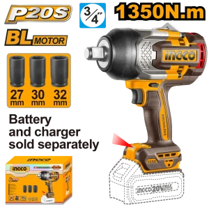 Mașină de Înșurubat / Filetantă cu Impact Profesională Ingco 20V, 3/4", 1350Nm Motor Brushless (Fără Acumulator)