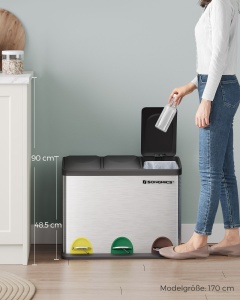 Coș de gunoi inox 3 compartimente Songmics LTB45L – 45L, cu găleți interioare detașabile - Img 1