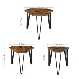 Set 3 Măsuțe Cafea VASAGLE LNT14BX Tip Nesting, Stil Industrial Rustic, Maro + Negru, Măsuțe Living Suprapozabile
