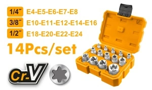 Trusă Chei Tubulare în Stea E-Torx 14 buc, Ingco ,Cr-V, 1/4" 3/8" 1/2"