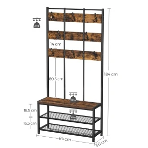 VASAGLE HSR087B01 – Cuier cu polițe și bancă pentru hol, 8 cârlige industrial rustic