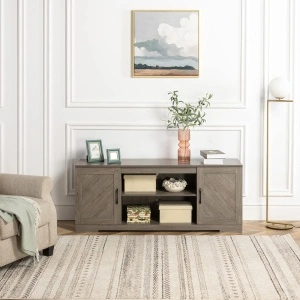 Comodă TV Zinus Bennett, stil rustic / country, cu rafturi și uși, pentru TV până la 65 inch, gri