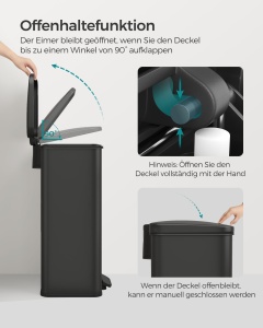 Coș de gunoi 40L cu pedală și închidere lentă Songmics – Oțel inox negru, saci incluși, elegant & silențios - Img 2