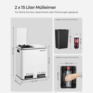 Coș de gunoi selectiv Songmics LTB30WT – metalic, 2×15 L, capacitate 30 L - Img 6