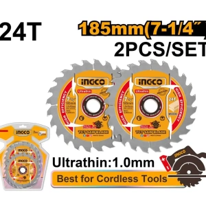 Set 2 Discuri Circulare Widia Ultra Subțiri pentru Lemn 185 x 20 mm, 24T, 1.0 mm INGCO