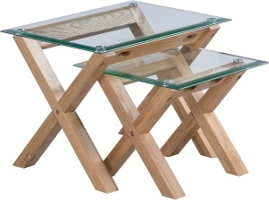 Set 2 măsuțe de cafea – lemn masiv stejar natural & blat sticlă securizată