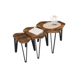 Set 3 Măsuțe Cafea VASAGLE LNT14BX Tip Nesting, Stil Industrial Rustic, Maro + Negru, Măsuțe Living Suprapozabile