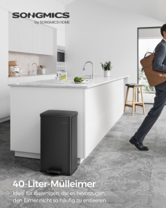 Coș de gunoi 40L cu pedală și închidere lentă Songmics – Oțel inox negru, saci incluși, elegant & silențios - Img 3
