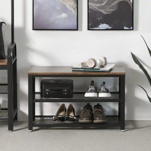 Pantofar cu Bancă VASAGLE LBS73X cu 2 Rafturi și Șezut, Suport Pantofi Metalic, 73 x 30 x 45 cm, Stil Industrial Rustic