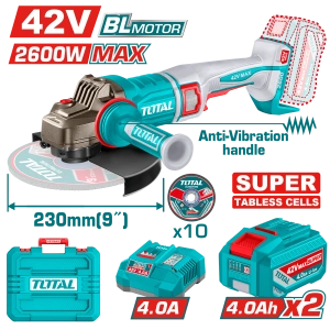 Polizor Unghiular pe Acumulator 230mm 42V 2600W TOTAL Industrial, Brushless, Include 2 Acumulatori 4.0Ah și Încărcător