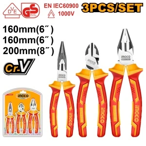 Set Clești Izolați INGCO VDE 1000V 3 Piese - Patent, Cleste cu Vârf Lung și Cleste de Tăiere Diagonală