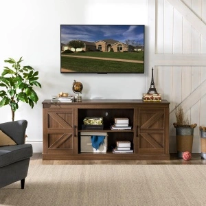 Comodă TV Zinus maro rustic 147 cm – mobilier living cu soft close și spații depozitare