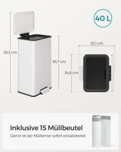 Coș de gunoi 40L cu pedală și închidere lentă Songmics LTB540W4002– culoare alb , saci incluși, elegant & silențios