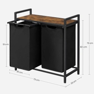Coș de Rufe VASAGLE BLH201B01V1 cu 2 Compartimente și Raft Superior, Organizator Rufe 92L, Rustic Maro / Negru