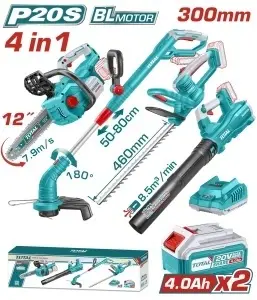 Kit Combo Unelte de Grădinărit 20V TOTAL - Drujbă, Foarfecă Gard Viu, Suflantă, Trimmer Gazon + 2 Acumulatori 4.0Ah & Încărcător