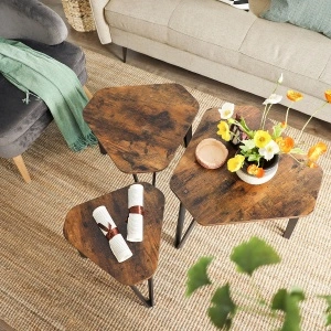 Set 3 Măsuțe Cafea VASAGLE LNT14BX Tip Nesting, Stil Industrial Rustic, Maro + Negru, Măsuțe Living Suprapozabile