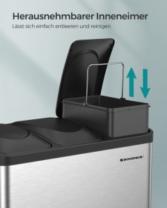 Coș de gunoi inox 3 compartimente Songmics LTB45L – 45L, cu găleți interioare detașabile - Img 5
