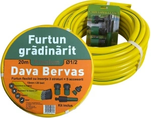 Furtun PVC galben cu insertie BERVAS D181, 1/2 inch, 20 m, 5 accesorii