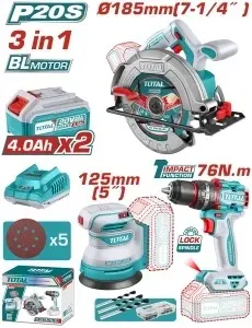 Kit Combo TOTAL 3 scule acumulator, Fierăstrău Circular, Șlefuitor, Mașină de Găurit cu Percuție