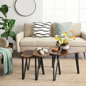 Set 3 Măsuțe Cafea VASAGLE LNT14BX Tip Nesting, Stil Industrial Rustic, Maro + Negru, Măsuțe Living Suprapozabile