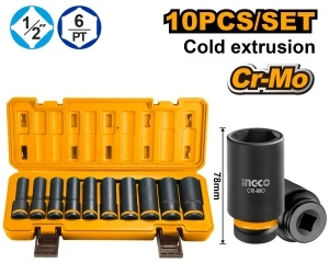 Trusă Chei Tubulare Lungi de Impact 1/2", 10 buc, 10-24mm, INGCO HKISSD12102L