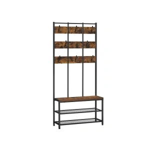 VASAGLE HSR087B01 – Cuier cu polițe și bancă pentru hol, 8 cârlige industrial rustic