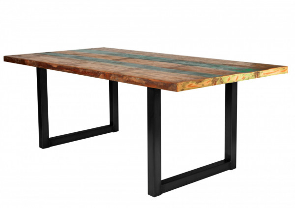 Masa dreptunghiulara cu blat din lemn de tec reciclat Tables & Benches 200 x 100 x 76,5 cm multicolor/neagra