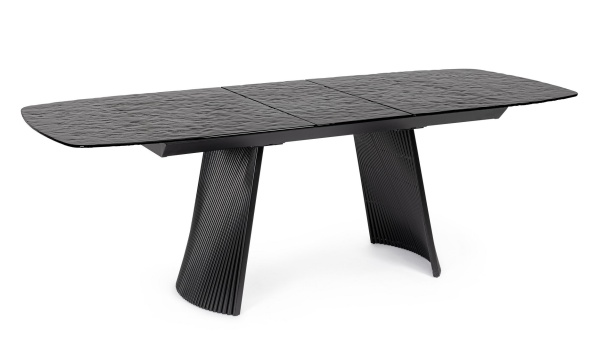 Masă extensibilă Oliver, dreptunghiulară, pentru 6-8 persoane, cu blat din sticlă texturată și picioare din oțel, 180-220x90x75 cm