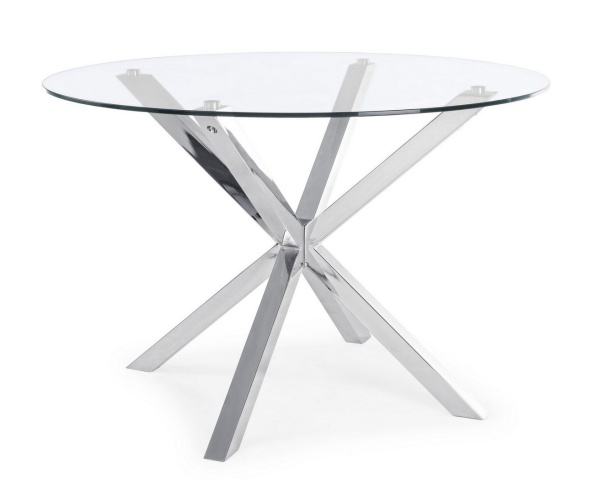 Picioare metalice cromate masă fixă May, rotundă, pentru 4 persoane, blat din sticlă securizată, diametru 114 cm