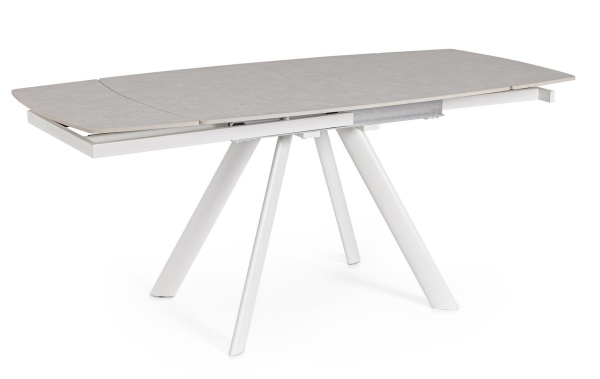 Masă dining extensibilă 119,5-180 cm, pentru 4-6 persoane, blat gresie porțelanată efect marmură, bază oțel, alb/gri deschis