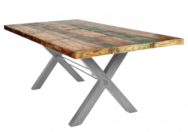 Masa dreptunghiulara cu blat din lemn de tec reciclat Tables & Benches 240x100x76,5 cm multicolor/argintiu