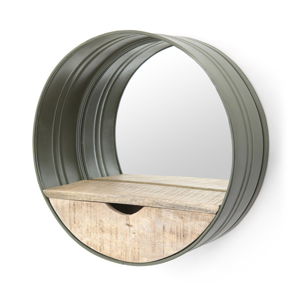 Oglinda rotunda cu rama din fier maro, cu raft din lemn, 40 x 40 x 15 cm