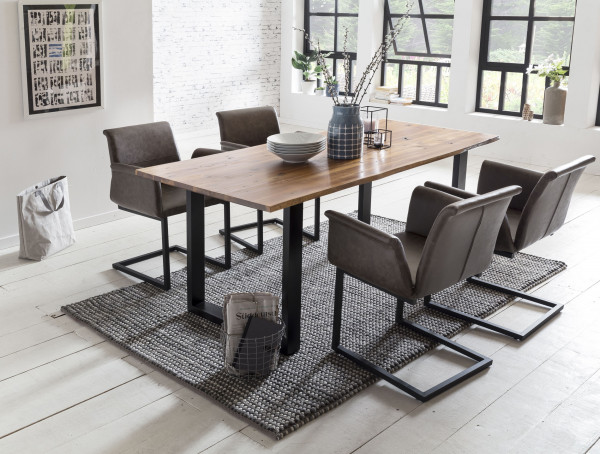 Set masa dreptunghiulara din lemn de salcam cu 4 scaune din piele artificiala maro inchis 180x90 cm