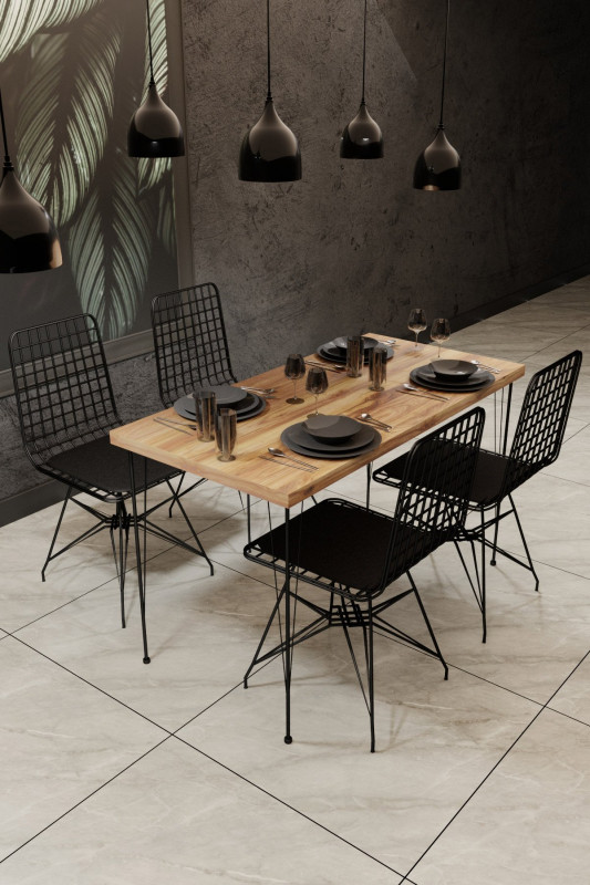 Set masa dreptunghiulara aspect lemn cu 4 scaune din cadru metalic si pernuta 120x60 cm
