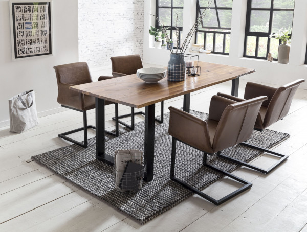 Set masa dreptunghiulara din lemn de salcam cu 4 scaune din piele artificiala maro deschis 180x90 cm