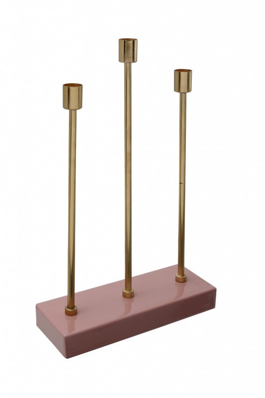 Suport lumanare din fier cu 3 brate Art Deco, roz / auriu