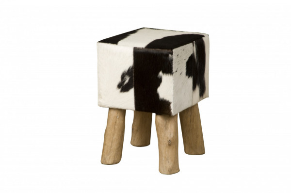Taburet cubic din piele de vaca Cowhide alb/negru